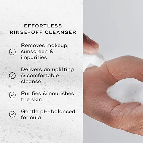 image 1, effortless rinse off cleanser. removes makeup, sunscreen and impurities. delivers an uplifting and comfortable cleanse. purifies and nourishes the skin. gentle PH formula. image 2, olive oil infused micelles - purifying spheres which break down makeup and impurities. moringa extract - an antioxidant which draws impurities away from the skin. glycerin - leaves the skin feeling hydrates, soft and supple. image 3, how to layer. AM = cleanse, tone, vitamin c, sunscreen. PM = cleanse, tone, vitamin a, moisturise.