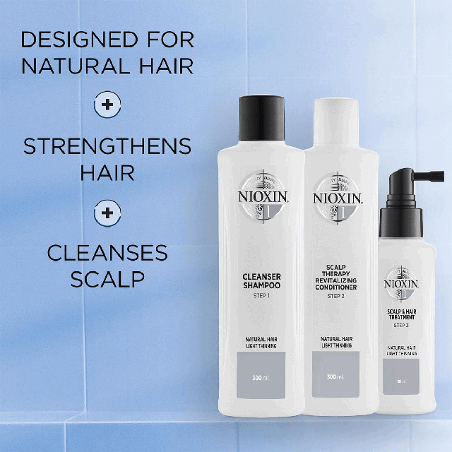 Designed for natural hair + strengthens hair + cleanses scalp How to use Nioxin System Kit No.2 for natural hair with light thinning.
Step 1 cleanser shampoo: gently massage into hair and scalp, rinse well.Step 2 Scalp Therapy revitalising conditioner: apply from scalp to ends, leave in for 1 to 3 minutes. Rinse. Step 3 Scalp & Hair Treatment: Shake well. Apply evenly to entire scalp. Do not rinse.Trial Size Kit - Daily Use 30 Days.Full Size Kit - Daily Use 90 days Dermatologically tested, clinically proven- Dr Caroline Robinson, MD, FAAD, Board-Certified Dermatologist