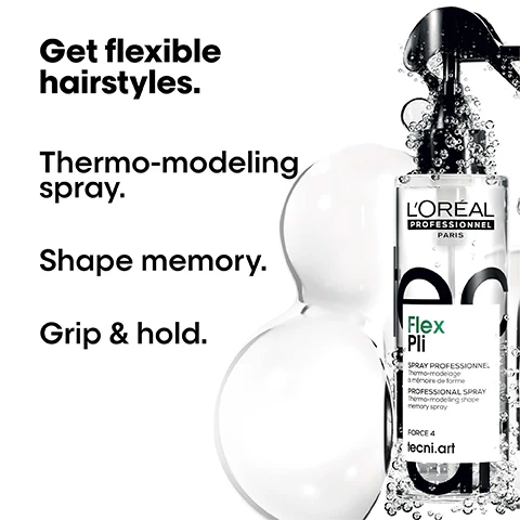 Image 1 - A clear bottle of LOréal Professional Flex Pli thermo-modeling spray is shown with bubbles and white fluid alongside text that reads Get flexible hairstyles, Thermo-modeling spray, Shape memory, and Grip & hold.
Image 2 - Image depicts two spray bottles side by side, the left labeled TECNI.ART PLI Spray thermo-modelant and the right labeled LORÉAL PROFESSIONAL PARIS Flex Pli, with an arrow between them and the text Same formula, new pack. at the top.
Image 3 - Four images showing hair transformations: two before and two after; the top two show long, straight blonde hair, and the bottom two feature wavy, voluminous blonde hair; visible text reads Before and After in the corners, with additional text at the bottom stating After disco curls: application of Volume extra full, Flex Liss Control, flex depolish, fix design.
Image 4 - A man with glasses and a mustache wears a black t-shirt and poses against a white background, featuring the text Pros love it. Flex Pli is like a primer to fix movement, create texture because of its nice heat memory. below him, along with his Instagram handle @claudiopachecohairstylist and the description Celebrity hairstylist & colorist.
Image 5 - Image shows a step-by-step guide for using a hair product, including three images: the first depicts a hand spraying product on towel-dried hair, the second shows a blow dryer being used to lift hair roots, and the third illustrates hair being styled with hot tools for waves and curls, with text outlining the steps.