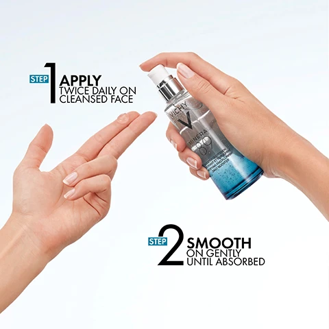 Image 1 - A hand is holding a spray bottle of facial product while another hand demonstrates the application process, with text that reads Step 1 Apply twice daily on cleansed face and Step 2 Smooth on gently until absorbed.
Image 2 - A split image shows a woman and a man with glowing skin, both applying a serum to their faces, with the text HYDRATES PLUMPS BOOSTS RADIANCE prominently displayed at the bottom.
Image 3 - Image showing a split design with bubbles on the left and a textured blue surface on the right, featuring the text Hyaluronic Acid + Millions of Minerals, and beneath it, Hydrates & Plumps Skin Strengthens Skin Barrier.
Image 4 - Image of a serum bottle labeled Vichy Mineral 89, featuring a white and blue design, with text that reads Hypoallergenic, Tested by dermatologists, and For all skin types, along with a logo of the British Skin Foundation.
Image 5 - Image showing three skincare products from Vichy arranged vertically with corresponding steps labeled: Step 1 Strengthen with a bottle of MINÉRAL 89 Boosting Serum, Step 2 Moisturise with a jar of MINÉRAL 89 72H Moisture Boosting Cream, and Step 3 Protect with a tube of MINÉRAL 89 SPF 50+ Daily Fluid.