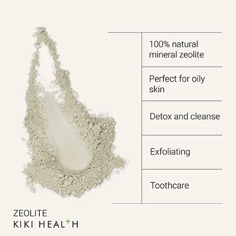Image 1 - A pile of light gray mineral zeolite powder is shown on a light background, with text to the right stating 100% natural mineral zeolite, perfect for oily skin, detox and cleanse, exfoliating, and toothcare.
