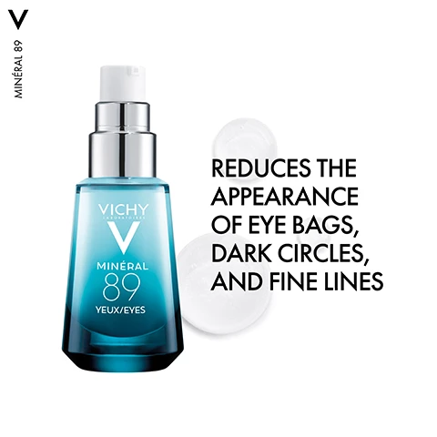Image 1 - A blue bottle of Vichy Mineral 89 eye serum is displayed next to two white gel pads, with the text REDUCES THE APPEARANCE OF EYE BAGS, DARK CIRCLES, AND FINE LINES prominently featured.
Image 2 - Image shows bubbles representing hyaluronic acid on the left and a splash of blue fluid representing caffeine on the right, with visible text stating HYALURONIC ACID + CAFFEINE and DISCOVER THE POWER DUO OF ACTIVES.
Image 3 - A hand holding a serum bottle is shown above another hand with a finger pointing to it, with text indicating steps for application: STEP 1 PLACE A DROP OF SERUM ON YOUR FINGERTIPS and STEP 2 DISTRIBUTE IT AROUND EACH EYE: 3 TAPS ABOVE AND BELOW EACH EYE.
