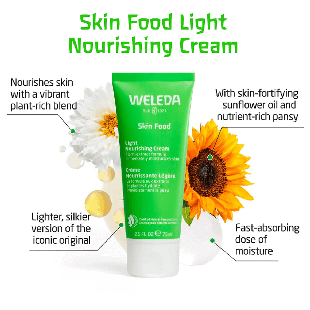 Two images transiting into each other in an endless loop. Image One: Shows an image of the product. Text: Skin Food Light Nourishing Cream. Nourishes skin with a vibrant plant-rich blend. With skin-fortifying sunflower oil and nutrient-rich pansy. Plant-extract formula immediately moisturizes skin. Certified Natural Personal Care. Lighter, silkier version of the iconic original. Fast-absorbing dose of moisture. Image Two: Shows a display of products from the Skin Food range. Text: Skin Food. Nourish your skin from head-to-toe.