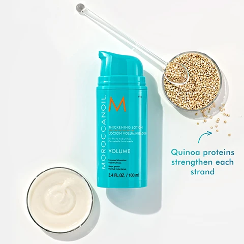 image 1, quinoa proteins strengthen each strand. image 2, instantly thickens each strand for multi dimensional volume