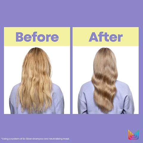 Image 1, before and after. Image 2, hydrates dry brittle hair. colour protecting formula. restores strength and nourishes. helps brighten grey tones. Image 3, so silver before and after. starts to neutralise yellow undertones from 1st wash. cleanse with purple shampoo. nourish with hydrating conditioner. tone with neutralising mask. Image 4, new look same great formula.