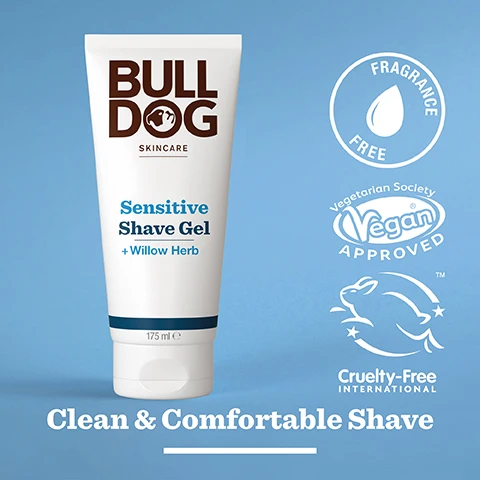 Image 2 - A tube of Bulldog Sensitive Shave Gel featuring the text BULL DOG SKINCARE Sensitive Shave Gel + Willow Herb 175 ml on a blue background, with logos indicating it is fragrance-free, vegan, and cruelty-free, alongside the phrase Clean & Comfortable Shave.
Image 3 - A close-up of dried willow herb leaves with the text 96% Natural Origin, Unlock the true potential of natural origin ingredients, and Willow Herb.
Image 4 - A tube of Bulldog Sensitive Shave Gel is displayed on a bathroom countertop, labeled with details about its ingredients, including willow herb, and information about its eco-friendly packaging, which states it contains over 27% sugarcane and over 62% PCR plastic.
Image 5 - A hand is holding a tube of Bulldog Sensitive Shave Gel, which has text indicating Sensitive Shave Gel + Willow Herb Clean & Comfortable Shave and a volume of 175 ml, with a background featuring a green wall and a plant.
Image 6 - A bottle of Bulldog Skincare Sensitive Shave Gel is next to a bottle of Sensitive Aftershave Balm, both with product labels visible, against a light blue background, with the text Clean & Comfortable Shave at the bottom.