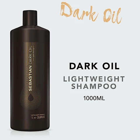 Image 2 - A dark bottle of shampoo labeled Dark Oil with the text Sebastian Dark Oil Lightweight Shampoo 1000ML prominently displayed.
Image 3 - A black shampoo bottle labeled Sebastian Dark Oil with descriptions stating it cleanses and leaves hair shiny, is lightweight, and makes hair three times smoother when combined with the full dark oil range.
Image 5 - A light blue background with instructions on how to use shampoo, including icons for each step: a hand massaging shampoo into wet hair, rinsing thoroughly, and a circular arrow indicating to repeat if necessary; the visible text reads HOW TO USE, MASSAGE THE SHAMPOO INTO WET HAIR, RINSE THOROUGHLY, REPEAT IF NECESSARY.
Image 7 - Image shows several dark brown jojoba seeds resting on green leaves, with drops of golden oil scattered around, and the text JOJOBA & ARGAN OIL at the top.