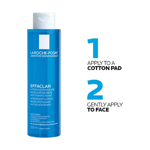 Image 3 - A blue La Roche-Posay Effaclar lotion bottle is shown alongside two steps for use: 1 Apply to a cotton pad, 2 Gently apply to face. The bottle itself displays text: La Roche-Posay Laboratoire Dermatologique, EFFACLAR, Lotion Astringente Micro-Exfoliante Anti-Points Noirs, Astringent Lotion Micro-Exfoliant Anti-Blackheads, Sans Paraben, Testé Sur Peaux Grasses À Tendance Acnéique, No Parabens, Tested On Oily Acne-Prone Skin, Avec De LEau Thermale De La Roche-Posay, 200 ml Made in France. Image 4 - Three vertical panels showcase skincare ingredients: the first panel, with a teal crystalline background, reads Salicylic Acid, Deeply Unclogs Pores & Clears Severe Imperfections; the second panel, with a blue crystalline background, reads LHA, Gently Micro-Exfoliates and Refines Pores; and the third panel, with a bright blue water droplet background, reads Glycerin, Retains Water and Provides Intense Hydration for the Skin.