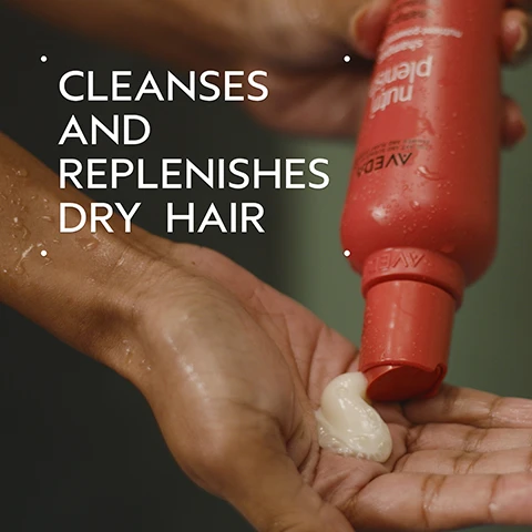 Image 2 - A persons wet hands, with one squeezing a red bottle of product to dispense a white cream into the other palm, are shown with the text CLEANSES AND REPLENISHES DRY HAIR on the left and AVEDA nutri plenish shampoo on the bottle. Image 3 - The image shows a split screen with a woman before and after hair treatment; on the left, her dark curly hair is frizzy and undefined, and on the right, it is shiny and well-defined, with visible text including BEFORE, AFTER, Unwashed Hair, and Results with Nutriplenish ™ Shampoo and Conditioner: Deep Moisture, Nutriplenish Leave-In Conditioner, Curl Gelee, Replenishing Overnight Serum and Wooden Paddle Brush. Blow dried with diffuser attachment. Image 4 - A dark green graphic features a central circular abstract image of swirling red and gold liquids, with white text displaying SUPERFOOD COMPLEX, POMEGRANATE SEED OIL, COCONUT OIL, MANGO BUTTER, Hydrates and replenishes dry, depleted hair, and small placeholder text Lorem Ipsum. Image 5 - Two swatches of cosmetic product, one creamy and wavy and the other fluid, are shown with numerous clear water droplets on a white background. Image 6 - A step-by-step guide with three circular images on a dark green background: the first image shows hair being shampooed, the second shows conditioner being squeezed from a tube, and the third shows styling gel being squeezed from a tube, with the text HOW TO USE, 01 CLEANSE Nutriplenish™ Shampoo: Deep Moisture, 02 CONDITION Nutriplenish™ Conditioner: Deep Moisture & Leave-In Conditioner, 03 STYLE Nutriplenish™ Curl Gelee & Replenishing Overnight Serum, and additional text on the conditioner tube nutriplenish™ conditioner nutrient-powered hydration après-shampooing hydratation à base de nutriments 8.5 fl oz/oz liq/250 ml e, and on the curl gelee tube nutriplenish™ curl gelee gelée pour boucles soin hydratant à base de nutriments pour des boucles souples et définies 6.7 fl oz/200 ml e. Image 7 - A picture of lush green leaves with three white certification logos: a 100% Vegan logo with a V, a Certified B Corporation logo, and a Cruelty Free International logo with a leaping bunny.