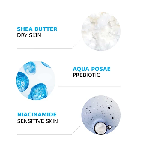 Image 1 - Image shows three circular images labeled with ingredients and their associated skin types: top image is shea butter with the text SHEA BUTTER DRY SKIN, middle image is aqua posae with the text AQUA POSAE PREBIOTIC, and bottom image is niacinamide with the text NIACINAMIDE SENSITIVE SKIN.
Image 2 - Image features a logo for La Roche-Posay at the top, followed by illustrations of a healthcare professional and a person receiving skincare below, with text indicating RECOMMENDED BY and SUITABLE FOR, and icons signifying PARABEN-FREE and FRAGRANCE-FREE.
Image 3 - Image of a person wearing a white lab coat against a blue background, with text stating No. 1 DERMATOLOGIST RECOMMENDED BRAND IN THE UK*; *Study of 73 Consultant Dermatologists Jan-April 2023.
