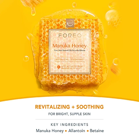 image 1, revitalising and soothing for bright, supple skin. key ingredients - manuka honey, allantoin, betaine. image 2, ideal for - dryness and loss of elasticity, fine lines and wrinkles, dull fatigued skin. image 3, nutrient rich formulas. plant based ingredients. for all skin types. dermatologist tested. image 4, hydrocell material - natural seaweed and cotton cellulose. biodegradable and eco friendly - 100% plant fibers that naturally decompose. highly absorbent - super saturated to deliver maximum essence to skin. extra gentle - feels a gel like cushion that effortlessly glides across skin. image 5, deeply nourish, depuff and brighten, minimize fine lines in just one week. based on a 28 day clinical testing on 32 female subjects aged 18-35. image 6, clinical results. 126% of consumers reported higher skin moisture levels in just 2 minutes. more effective than a sheet mask alone in just 2 minutes. based on 28 day clinical testing on 24 female subjects aged 18-35