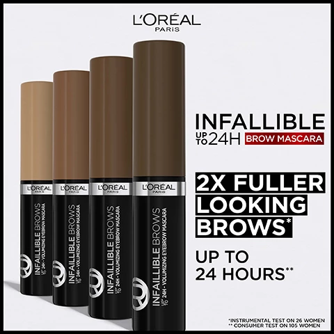 Image 1, infalliable up 24 hour brow mascara. 2 times fuller looking brows up to 24 hours. instrumental test on 26 women consumer test on 105 women. image 2, before and after. image 3, micro gripping brush, precise application. image 4, 4 shades - ebony, blonde, brunette and light brunette. image 5, fibre infused formula. the formula adheres to skin and each brow to double the density of your brows. image 6, infallible up to 24 hour brow mascara. same great formula with upgraded packaging.