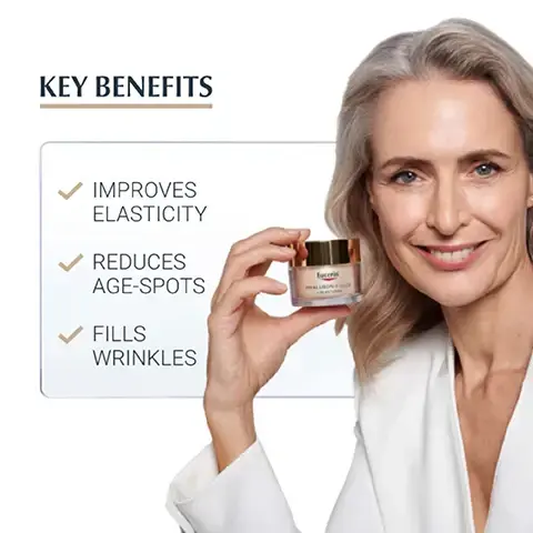 Image 1, key benefits, improves elasticity, reduces age spots, fills wrinkles. image 2, day, anti-age, ultra light texture. image 3, clinically proven results 99% confirm improves elasticity. product in use test with 120 volunteers after 4 weeks application. image 4, COLLAGEN- ELASTIN COMPLEX THIAMIDOL ATENTED THIAMIDOL HYALURONIC ACID image 5, recommended routine. 1 = 3D seurm, 2 = day cream, 3 = night cream.