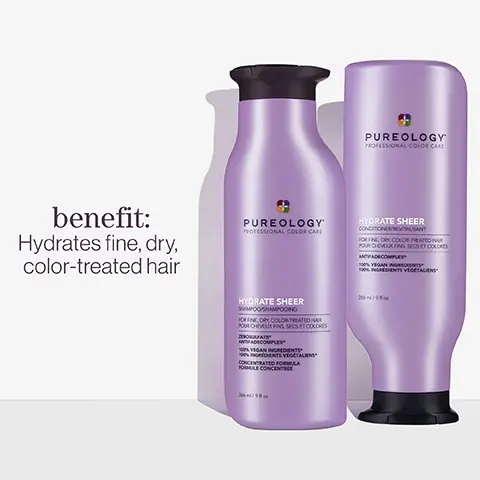 Image 1, benefit - hydrates fine, dry color treated hair. image 2, wheat protein, vitamin e, eucalyptus leaf extract. image 3, vegan formulas - sulfate free for a gentle cleanse. recycled bottles made from post consumer recycled materials. up to 80+ washes in one bottle. all formulas are highly concentrated meaning less water needed. every formula is made without animal products or by products. pureology never tests on animals. our shampoo and conditioner bottles, excluding cap, are created with 95% post consumer recycled materials.