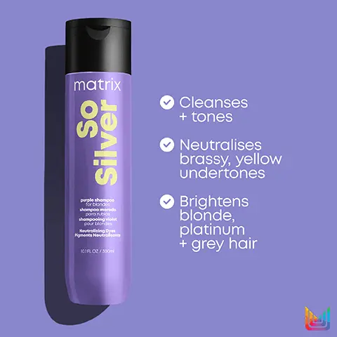 image 1, matrix So Silver purple shampoo for blondes shampoo morado para rubios shompooing violet pour blondes Neutralizing Dyes Pigments Neurolo 101FLOZ/300m Cleanses + tones ✔Neutralises brassy, yellow undertones ✓ Brightens blonde, platinum + grey hair Image 2, matrix So Silver conditioner for targeted nourishment ocondicionador para nutrición focolod revitalisont pour un traitement cible 10 FL OZ/500 Hydrates dry, brittle hair Colour protecting formula Restores strength + nourishes Helps brighten grey tones A Image 3, So Silver Starts to neutralise yellow undertones from 1st wash* Cleanse matrix So Silver Before After Nourish Tone matrix matrix So Silver Silver Purple Shampoo Hydrating Conditioner "Using a system of So Silver shampoo and neutralising mask Neutralising Mask