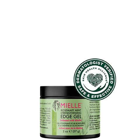 Image 2 - A container of Mielle Rosemary Mint Strengthening Edge Gel with a green label and black lid, featuring a circular dermatologist verification seal that states Dermatologist Verified Safe and Effective, with product volume indicated as 2 oz (57 g).
Image 4 - A dollop of creamy hair product is shown against a light green background, with text that reads Formulated to offer deep moisture and healthy strength, Infused with biotin, and Made with certified organic ingredients.
Image 5 - An image of a jar of Mielle Rosemary Mint Strengthening Hair Masque placed on a light green pedestal, with visible text instructions on how to use it, stating to smooth the masque through damp hair, leave it in for 15-20 minutes, and rinse thoroughly.