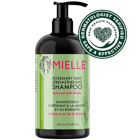 Image 2 - A black shampoo bottle with a pump features a green label that reads MIELLE ROSEMARY MINT STRENGTHENING SHAMPOO Infused with Biotin and the text SHAMPOOING FORTIFIANT À LA MENTHE ET AU ROMARIN Infusé avec de la Biotine, accompanied by a circular dermatologist verified seal that states SAFE & EFFECTIVE.
Image 4 - A creamy hair product is shown on a light green background, accompanied by icons and text stating Gently cleanses and protects hair, Infused with biotin, and Made with certified organic ingredients.
Image 5 - A bottle of Mielle Rosemary Mint Strengthening Shampoo is displayed against a soft green background, with mint leaves nearby and instructions on how to use the product that read: HOW TO USE Apply a 5p coin-sized amount into hands and massage on wet hair for rich lather. Rinse thoroughly. Repeat and follow with Rosemary Mint Strengthening Hair Masque.