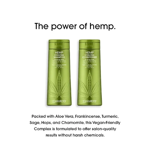 Two green shampoo and conditioner bottles labeled Hemp Hydrating Shampoo and Hemp Hydrating Conditioner are displayed together, with the text The power of hemp at the top and additional text below describing the product ingredients and benefits.
