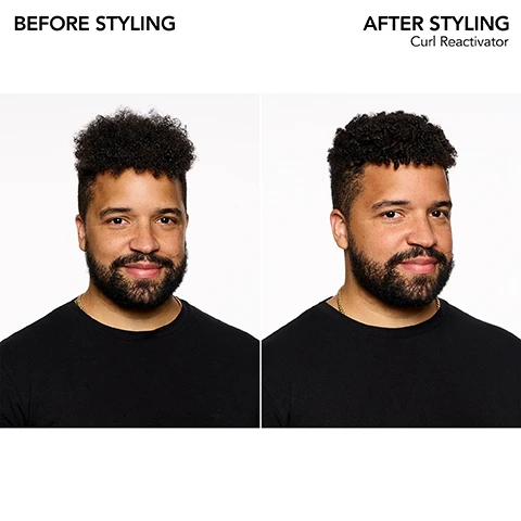 Image 1 - Image shows a side-by-side comparison of a man before and after using a curl reactivator for styling, with text labels reading BEFORE STYLING above the left image and AFTER STYLING Curl Reactivator above the right image.
Image 2 - Image shows a purple background with white text stating Bb.Curl at the top, followed by a description of a curl collection that includes jojoba oil, avocado oil, coconut oil, cocoa butter, and shea butter, each accompanied by a brief detail about their benefits for moisturizing hair.
Image 3 - A white spray bottle of Bumble and bumble Curl Reactivator sits on a light purple background, with icons and text around it indicating its benefits: moisturizes, UV filters, reduces frizz, replenishes, oil-infused, and light hold.