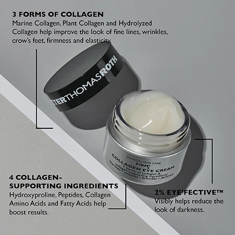 Image 1 - A silver jar of eye cream labeled COLLAGEN FIRM* COLLAGEN EYE CREAM is shown on a gray background with text highlighting key ingredients and benefits, stating 3 FORMS OF COLLAGEN Marine Collagen, Plant Collagen and Hydrolyzed Collagen help improve the look of fine lines, wrinkles, crows feet, firmness and elasticity, 4 COLLAGEN-SUPPORTING INGREDIENTS Hydroxyproline, Peptides, Collagen Amino Acids and Fatty Acids help boost results, and 2% EYEFECTIVE™ Visibly helps reduce the look of darkness.
Image 2 - A close-up of a woman gently applying a product to her under-eye area, with a tear of the product visible on her skin, featuring text that reads HOW TO USE Apply twice daily to the eye area with continued use. For external use only.*Individual results may vary.
Image 3 - Image shows three skincare products arranged on a light gray surface, with a silver serum bottle labeled DAILY SERUM FIRM + TIGHTEN, a white eye cream container labeled EYE CREAM SMOOTH + HYDRATE, and a moisturizer jar labeled DAILY MOISTURIZER LOCK HYDRATION + BOOST ELASTICITY, along with the text FIRMx® ROUTINE at the top.