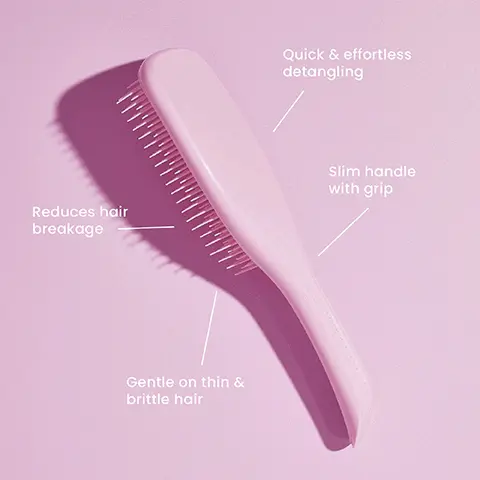 Image 1, uick & effortless detangling Reduces hair breakage Slim handle with grip Gentle on thin & brittle hair Image 2, 15.5 22.1 cm cm 5.3 cm The Ultimate Detangler Mini Great for small hands 6.6 cm The Ultimate Detangler Fine & Fragile 23.6 cm ་ 7.9 cm The Ultimate Detangler Large Great for Thick & Curly Hair Types