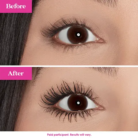 Image 1 - Before After Paid participant. Results will vary. Image 2- Grande drama hourglass applicator. Combats clumpign