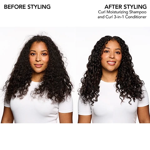 Image 1 - A side-by-side comparison image showing a woman with curly hair before and after using hair products, with text labels BEFORE STYLING on the left and AFTER STYLING on the right, which includes Curl Moisturizing Shampoo and Curl 3-in-1 Conditioner.
Image 2 - Image shows a text-based graphic promoting a curl collection, featuring a heading Bb.Curl and a description stating that the collection is enhanced with a rich blend of oils and butters to deeply moisturize hair, along with a list of ingredients: Jojoba Oil, Avocado Oil, Coconut Oil, Cocoa Butter, and Shea Butter.
Image 3 - A tube of Bumble and bumble Bb Curl 3-in-1 Conditioner on a lavender background, with icons around it indicating that it is oil-infused, reduces frizz, moisturizes, detangles, leaves hair shiny, and is gentle.