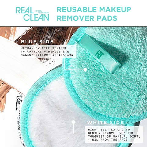 Image 1, real clean reusable makeup remover pads. blue side ultra low pile texture to capture and remove eye makeup without irritation. white side - high pile texture to gently remove even the toughest of makeup, dirt and oil from the face. image 2, before and after. image 3, 1 = saturate the pad with makeup remover. 2 = swipe the white side across your face to remove makeup. 3 = swipe the blue side gently across your eyelid to remove eye makeup. 4 = after use hand wash in warm water and air dry. image 4,
