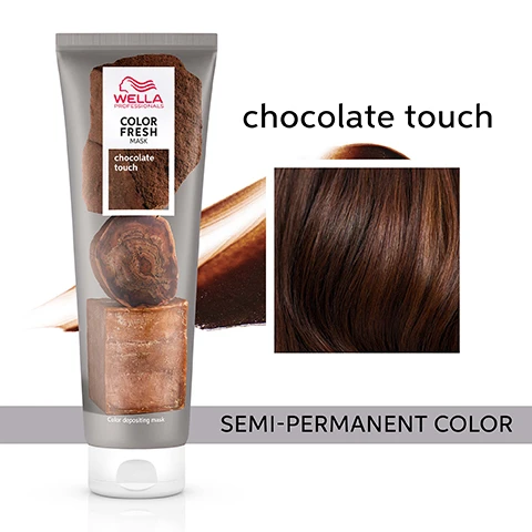 image 1, chocolate touch semi permanent colour. image 2, before - hair previously pre lightened. after = colour fresh mask chocolate touch applied to all the hair. image 3, moisturised and smooth hair. image 4, zero damage formula. image 5, results visible in 10 minutes. image 6, before (pre lightened or balayage highlights, level 8/0 and after on low porosity hair. results not noticeable on darker levels. image 6, for best results use with colour brilliance. image 7, 9 natural looking shades.