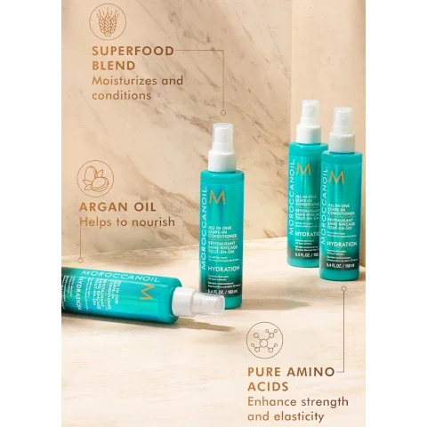 image 1, superfood blend - moisturises and conditions. argan oil - helps to nourish. pure amino acid - enhance strength and elastcity. image 2, what's inside. argan oil helps to nourish. superfood blend - helps retain moisture and increase moisture. pure amino acids increase strength and improve combability.