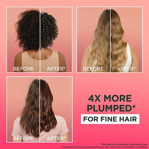 Image 1, before and after. 4 times more plumped for fine hair. plumped withy hydration, instrumental test. illustrations of the contemplated result, may vary from and individual to another. image 2, plumping watermelon hair food. multi use mask for damaged hair. up to 8 times smoother. reformulates with vitamins c, e and f. 97% natural origin ingredients. instrumental test papaya shampoo and conditioner vs classic shampoo C and F derivates. image 3, no silicone for a natural feel. image 4, fine hair? smooth your hair with papaya hair food. 1 = shampoo, cleanse without stripping. 2 = conditioner, detangle without weighing down. 3 = mask, deeply nourish. image 5, give your hair the nourishment it needs with hair food by garnier. image 6, hair food fact based hair care. nourishing formula facts. plant based cleansing active = cleanses without stripping. natural origin caring agent = deeply plumps hair fiber. plant based oil = gives intense shine. image 7, cruelty free and vegan formula. no animal derived ingredients