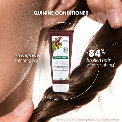 Image 1, quinine conditioner. strengthens thinning hair. -84% broken hair after brushing. image 2, 89% natural origin ingredients. biodegradable formula. no ingredients of animal origin. image 3, before and after. visible results after 1 month. image 4, with quinine from natural quinquina and organic eldelweiss.
