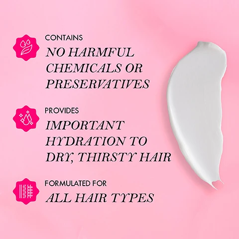 Image 3 - An image featuring a creamy hair product swatch on a pink background with text reading contains no harmful chemicals or preservatives, provides important hydration to dry, thirsty hair, and formulated for all hair types.
Image 4 - Image of a bottle of Mielle Avocado Moisturizing Hair Milk placed next to a halved avocado, with a bright pink background, and text that says: HOW TO USE, Use as a daily moisturiser to hydrate dry thirsty hair, Can be used to seal ends and to refresh curls, Can be used along with the white peony leave in conditioner.