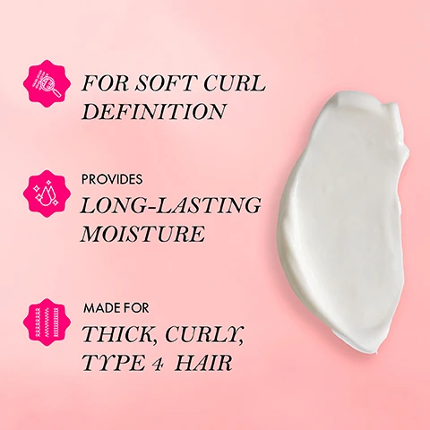Image 3 - A creamy hair product is shown against a pink background, with text stating FOR SOFT CURL DEFINITION, PROVIDES LONG-LASTING MOISTURE, and MADE FOR THICK, CURLY, TYPE 4 HAIR.
Image 4 - A bottle of Mielles Pomegranate & Honey Curl Smoothie is shown beside a whole pomegranate and its seeds, with instructions on how to use it that read: Apply to towel-dried hair. Divide hair into sections. Smooth product onto hair from root to tip, concentrating on problem areas. Do not rinse. Style as desired.