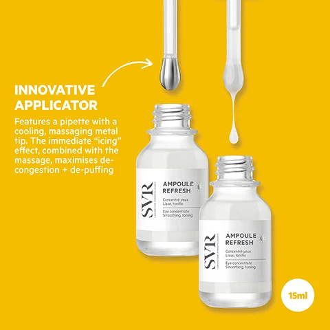Image 1, innovative applicator = features a pipette with a cooling, massaging metal tip. the immediate icing effect, combined with the massage, maximises de-congestion and de-puffing. image 2, morning eye serum core formula. hyaluronic acid - medium molecular weight to hydrate the eye area, wrinkles and fine lines are visible smoothed. 2% peptides - smooths skin so feature appear more rested. 2% caffeine - revives and tones the eye area. dark circles are significantly diminished. image 3, 8 hour hydration. safe for sensitive eyes - tested dermatologically and ophthalmologically. suitable for contact lens wearers. texture = ultra fresh, gel serum. proven efficacy = -27& visible reduction in dark circles. -31% reduction in under eye bags. -24% reduction in wrinkles and fine lines. +40% firmer skin around the eye. image 4, how to use = apply a small amount of serum to non irritated sin around the eyes using the pipette, then massage in with the metal tip. finish by using your fingertips until fully absorbed. enhance benefits with the self massage technique. image 5, routine for eyes. morning = awaken and revitalise tired or puffy eyes. night = relax muscles and stimulate skin repair.