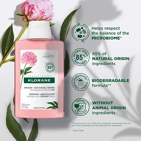 Image 1, helps respect the balance of the microbiome. 85% of natural origin ingredients. biodegradable formula. without animal origin ingredients. image 2, klorane peaony conditioner that provides long lasting comfort to sensitive scalps. before and after. example of results after 1 applications. image 3, soothes immediately and for 48 hours. 85% of natural origin ingredients. 0% sulfated surfactants, leaves hair soft with a relaxing fragrance. image 4, with or no rinse. 95% of natural origin ingredients. biodegradable formula. without animal origin ingredients. image 5, 1 = wash. 2 = detangle.