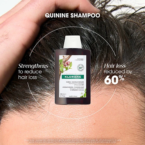 image 1, quinine shampoo strengthens to reduce hair loss. hair loss reduced by 60%. image 2, quinine conditioner. strengthens thinning hair. -84% broken hair after brushing. image 3, 80% natural origin ingredients. biodegradable formula. 100% recycled plastic. no ingredients of animal origin. image 4, 89% natural origin ingredients. biodegradable formula. no ingredients of animal origin. image 5, before and after visible results after1 month.