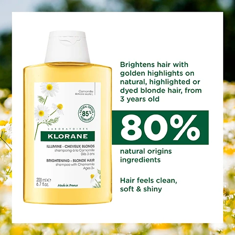 Image 1, brightens hair with golden highlights on natural, highlighted or dyed blonde hair from 3 years old. 80% natural origin ingredients, hair feels clean, soft and shiny. image 2, brightens highlights and illuminates blonde and lighter shades of hair. 96% natural origin ingredients. restores moisture, nourishes and detangles. image 3, 85% natural origin ingredients. without ingredients of animal origin. from 3 years old. recycled bottle - excluding the cap, we are working on it. image 4, 85% natural origin ingredients. without ingredients of animal origin. from 3 years old. 70% recycled tube - excluding the cap, we are working on it. image 5, 1 = wash. 2 = detangle and brighten.