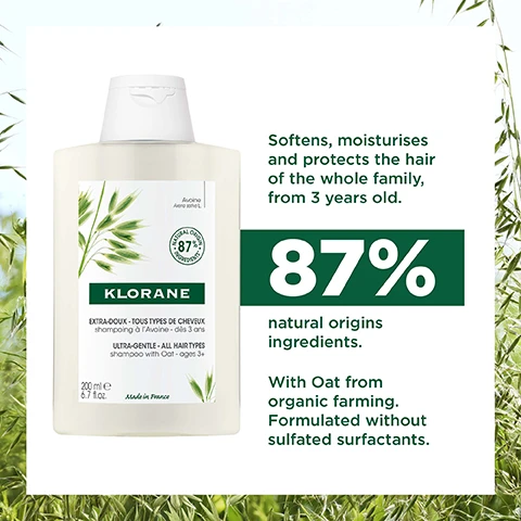 Image 1, softens, moisturises and protects the hair of the whole family from 3 years old. 87% natural origin ingredients. with oat organic farming. formulated without sulfated surfactants. image 2, detangles, protects and softens hair for the whole family from 3 years old. 96% ingredients of natural origin. organically grown oats without silicone or mineral oils. image 3, 87% natural origin ingredients. 100% recycled and recyclable bottle - excluding the cap, we are working on it. high tolerance formula. free from animal origin ingredients. image 4, 96% ingredients of natural origin. without ingredients of animal origin. biodegradable formula. 50% recycled tube and 100% recyclable - excluding the cap, we are working on it. image 5, 1 = wash, 2 = detangle and smooth. 3 = between washes.