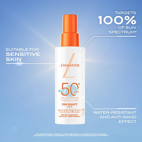 Image 1 - A bottle of Lancaster sunscreen with a bright orange cap, labeled SPF 50+, suitable for sensitive skin, and featuring text about targeting 100% of the sun spectrum, water resistance, and an anti-sand effect.
Image 2 - A bottle of Lancaster Sun Beauty Kids sunscreen with an orange cap and pump, placed next to a dollop of cream; the text states 100% feel an immediate hydrating sensation and 100% agree skin is efficiently protected.
Image 3 - A persons back is shown being sprayed with sunscreen while another hand applies the product; visible text reads APPLY GENEROUSLY ALL OVER THE BODY ON WET OR DRY SKIN BEFORE SUN EXPOSURE.
Image 4 - An image featuring two Lancaster sunscreen products with the left spray bottle labeled SUN SENSITIVE and the right bottle labeled SUN BEAUTY KIDS and the text NEW PACK above them.