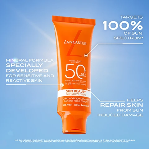 Image 1 - A tube of Lancaster Sun Beauty Sensitive Skin cream with an orange cap and label displays the text SPF 50 HIGH PROTECTION and MINERAL FORMULA SPECIALLY DEVELOPED FOR SENSITIVE AND REACTIVE SKIN against a blue background.
Image 2 - A close-up image of a woman applying a cream to her face, with visible instructions on the side reading SPREAD (1) ONTO FACE & NECKLINE, SMOOTH (2) OVER SEAMLESSLY, and REAPPLY (3) FOR BROAD PROTECTION & A TONED UP COMPLEXION.
Image 3 - A tube of Lancaster sunscreen with an orange design is resting on a white spoon, accompanied by labels stating invisible flawless finish, bare skin sensation, and non-greasy formula.