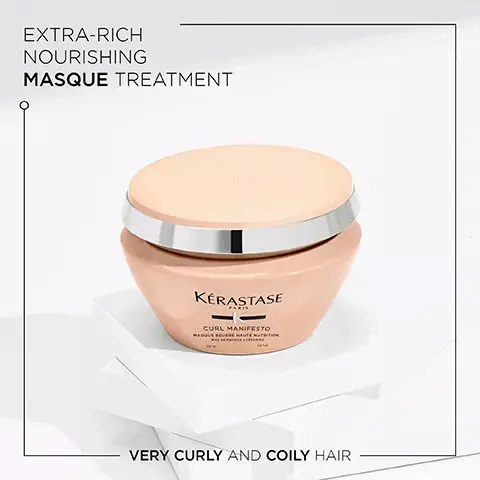 Image 1, extra rich nourishing masque treatment, very curly and coily hair. Image 2, Before and After image- Illustration of the anticipated results obtained after applying the products bain hydrant douceur fondant hydration essentielle, creme de jour fondamentale and gelee Curl contour after one use and styling. Results may vary from one individual to another. Image 3, Curl Manifesto, up to 87% stronger curls, more nourishment, more curl definition. Image 4, Key ingredients, ceramide, manuka honey.