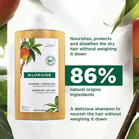 Nourishes, protects and sheathes the dry hair without weighing it down. 86% natural origins ingredients. A delicious shampoo to nourish the hair without weighing it down. 86% natural origins ingredients. 100% recycled and recyclable bottle, excluding the cap, we are working on it. Biodegradable formula. Free from animal origin ingredients. 1, wash, 2, detangle & nourish, 3, restore, 4 nourish. Gourmet fragrance with fresh fruit notes enhanced by a touch of musk. Creamy and nourishing fluid texture. Biodegradable formula.