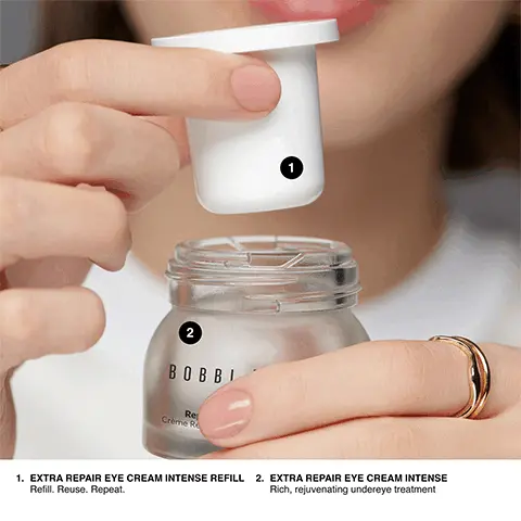 Image 1, how to use the Repair Eye Cream Refil. Step 1: Extra repair eye cream intense refill, refill.reuse and repeat. Step 2: Extra repair eye cream intense, rich, rejuvenating undereye treatment.Image 2, Product ingredients- Shea butter, glycerin and hyaluronic acid