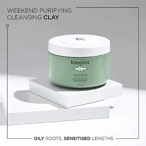 Image 1, Weekend purifying cleansing clay- oily roots, sensitised lengths. Image 2, Before and After- Illustration of the anticipated results obtained after applying the products full Specifique Rotuine: Bain, Argile, Masque and Serum, after one use and styling. Results may vary from one individual to another. Image 3, Key Ingredients- Vitamin B6, Menthol, Amino Acid. Image 4, Divalent, Hovig Etoyan, Global Professional Ambassador- A greasy, oil-prone scalp is a common problem. It helps balance the sebum cycel and purify an oily scalp. Hair is Volumised and Conditioned with a healthy shine.