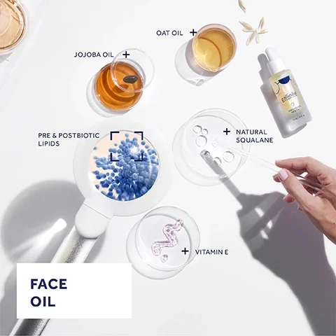 A flat lay image of various ingredients for face oil including jojoba oil, oat oil, natural squalane, vitamin E, and pre and postbiotic lipids, with a hand holding a pipette and the label FACE OIL prominently displayed.