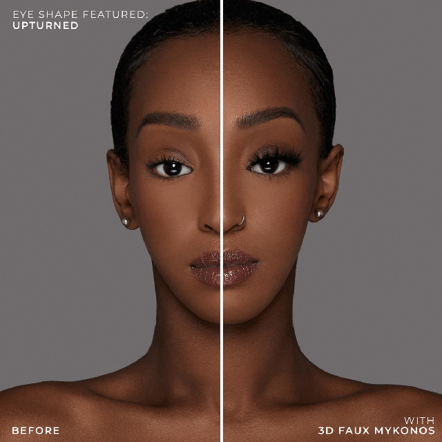 Image 1 before and after. Image 2, lashes on different eye shapes