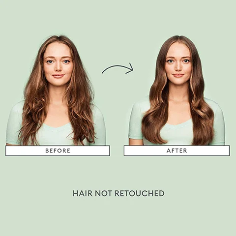 Image 1 - Image shows a side-by-side comparison of a woman with wavy, unstyled hair on the left labeled BEFORE and a woman with sleek, styled hair on the right labeled AFTER, against a light green background, with the text HAIR NOT RETOUCHED below.