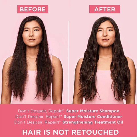 Image 1 - Image depicts a woman with long hair, shown in two panels labeled Before on the left and After on the right, with visible text below stating Dont Despair, Repair!™ Super Moisture Shampoo, Dont Despair, Repair!™ Super Moisture Conditioner, Dont Despair, Repair!™ Strengthening Treatment Oil, HAIR IS NOT RETOUCHED.
Image 2 - A split image showing a woman with a short afro hairstyle, labeled BEFORE on the left and AFTER on the right, with text below stating Dont Despair, Repair! Super Moisture Shampoo, Dont Despair, Repair! Super Moisture Conditioner, Dont Despair, Repair! Strengthening Treatment Oil, and HAIR IS NOT RETOUCHED.
Image 3 - Image features three hair care ingredients: b vitamins with capsules, algae extract alongside a leaf and liquid droplets, and micro-encapsulated argan oil with a textured ingredient, along with text describing their benefits.
Image 4 - A bottle of Briogeo Dont Despair, Repair! super moisture conditioner is placed beside an aloe vera plant, with a light pink background and text stating scientifically proven hair care and scientifically proven to decrease hair breakage after 2 uses.
Image 5 - Image features a collection of Briogeo hair care products on a pink background, including shampoo, conditioner, deep conditioning mask, and nourishing oil, with text that says Dont Despair, Repair! scientifically proven to strengthen damaged hair and prevent future breakage.