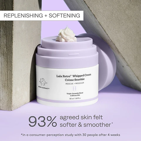 Image 1 - A jar of Lala Retro Whipped Cream with a pale lavender lid is placed beside a concrete block, featuring the text REPLENISHING + SOFTENING, Lala Retro™ Whipped Cream Crème fouettée, RESCUE + RECOVER, 93% agreed skin felt softer & smoother, and *in a consumer-perception study with 30 people after 4 weeks.
Image 2 - Before and after images of a womans face showcasing improvement in skin texture over 8 weeks, with visible text stating 93% agreed skin felt softer and smoother and a footnote regarding a consumer-perception study with 30 people after 4 weeks.
Image 3 - A close-up image of a purple container topped with a swirl of whipped cream, featuring the visible text Rich Whipped Cream in colorful lettering.
Image 4 - A white cream jar with a lavender lid is shown against a purple background, with text highlighting key ingredients: African-oil blend, Ceramides AP, EOP, and NP, and Phytosphingosine, along with their benefits for skin nourishment, moisture, and soothing properties.
Image 5 - Three skincare products are displayed: Lala Retro Whipped Cream, Bora Barrier Repair Cream, and Protini Polypeptide Cream, each with their key ingredients and usage suggestions, set against a bright green background with the title face-off MOISTURIZER EDITION.
Image 6 - Image shows three skincare products: B-Hydra, A-Passioni, and Lala Retro, with measurements for use; visible text includes passion play smoothie, 1 PUMP, ½ PUMP, and Mix it all together and apply.